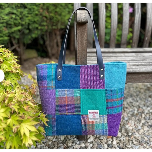 Harris Tweed Handmade Patchwork Tote Bag with Leather Straps